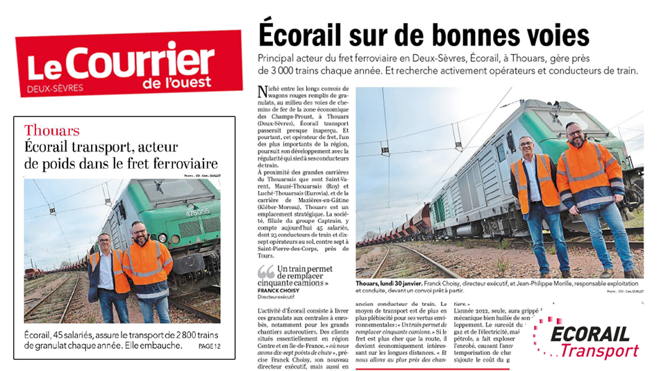 vue de la une du courrier de l'ouest groupe ouest france et de l'article sur Ecorail Transport
