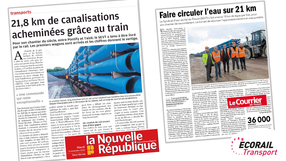 vue des 2 articles parus dans la nr et le courrier de l'ouest pour le transport par rail de 21,8 km de canalisation par ecorail transport